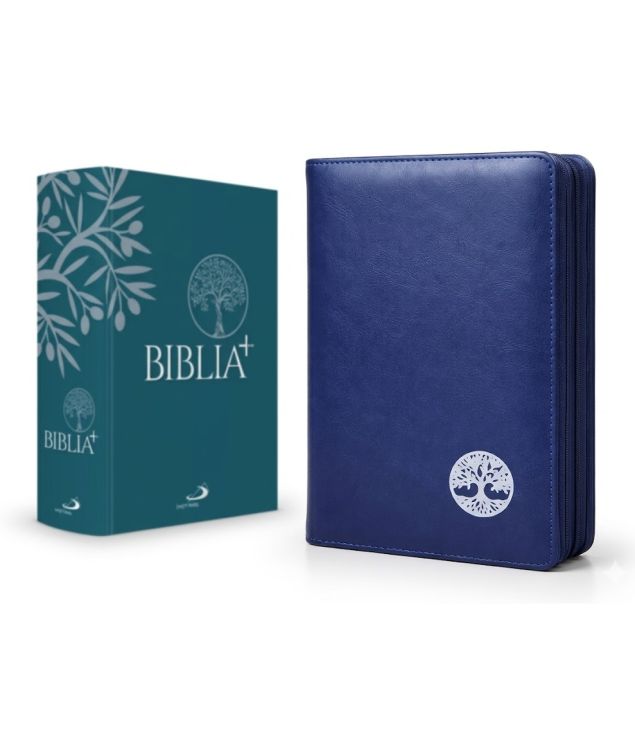 Okładka na Biblię Plus granatowa etui skaj suwak – obok Biblia Plus Edycja Świętego Pawła w twardej turkusowej oprawie
