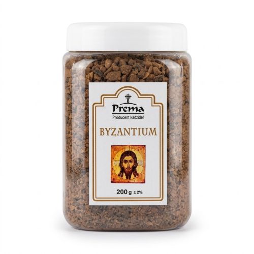 Słoik wypełniony sypkim kadzidłem BYZANTIUM o kwiatowym zapachu, charakterystycznym dla liturgii bizantyjskiej.