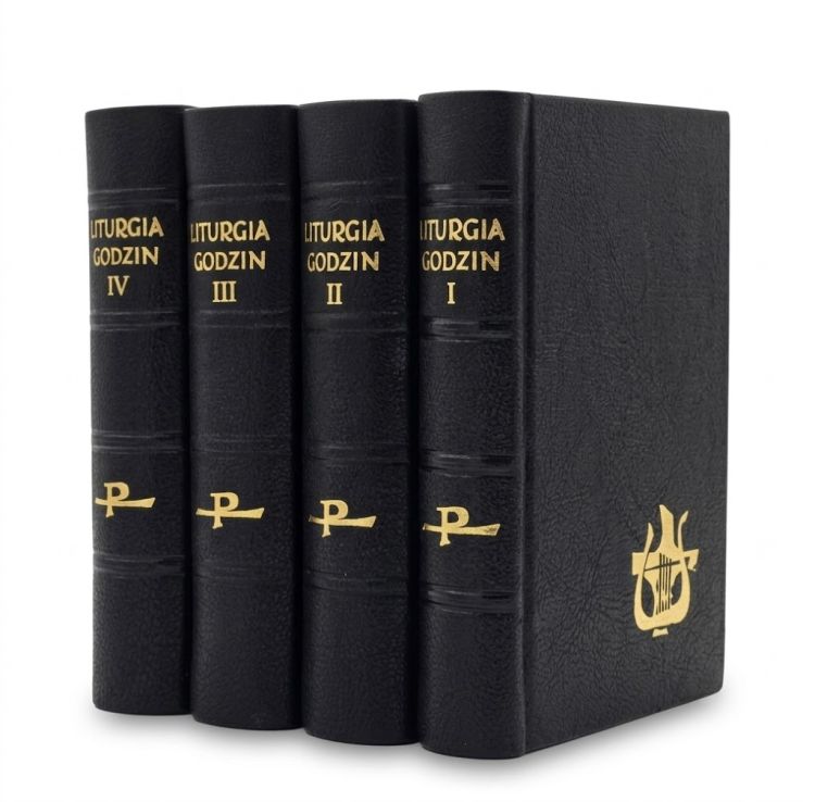 Komplet czterech tomów Liturgii Godzin wydawnictwa Pallottinum w czarnej, twardej oprawie ze złotymi tłoczeniami - widok zestawu.