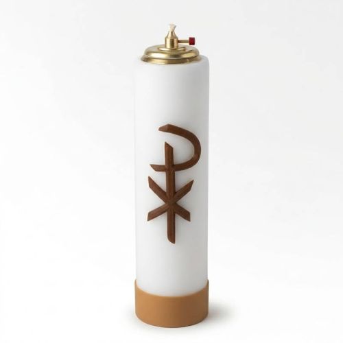 biała świeca ołtarzowa na wkład olejowy z chrystogramem Chi-Rho 30x8 cm