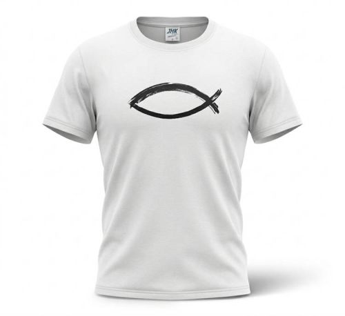 Biała koszulka bawełniana z czarnym symbolem Ichthys rybka chrześcijańska ewangelizacyjna unisex