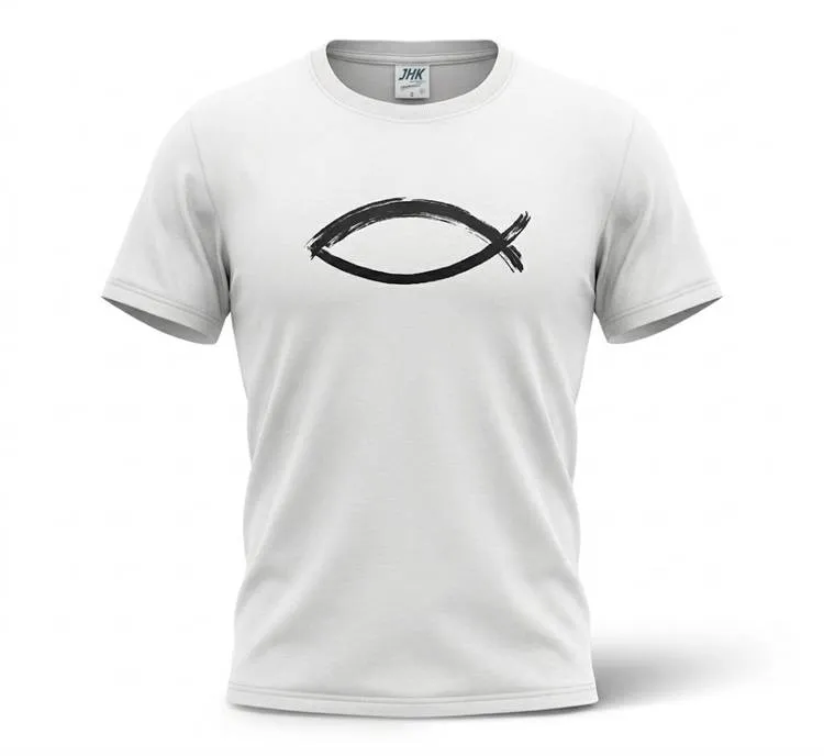 Biała koszulka bawełniana z czarnym symbolem Ichthys rybka chrześcijańska ewangelizacyjna unisex