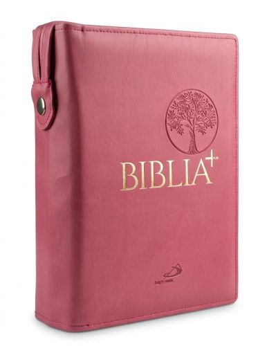 Okładka na Biblię Plus różowa skóra ekologiczna zamek tłoczenie drzewo oliwne Edycja św. Pawła