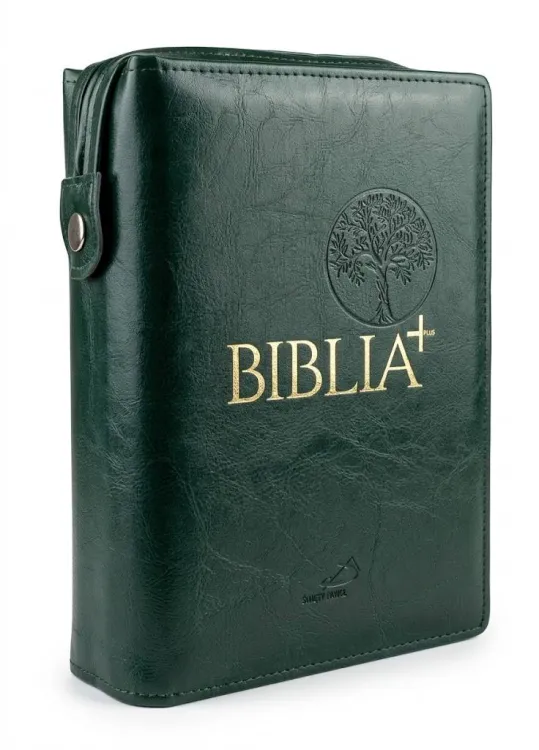 Okładka na Biblię Plus zielona butelkowa skóra ekologiczna zamek tłoczenie drzewo oliwne Edycja św. Pawła