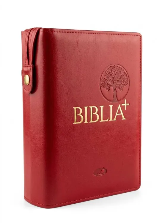 Okładka na Biblię Plus czerwona skóra ekologiczna zamek tłoczenie drzewo oliwne Edycja św. Pawła