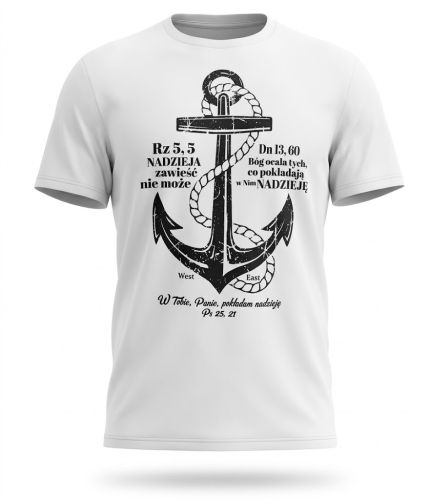 Biała koszulka chrześcijańska z grafiką kotwicy nadziei i cytatami biblijnymi Rz 5,5 Dn 13,60 Ps 25,21
