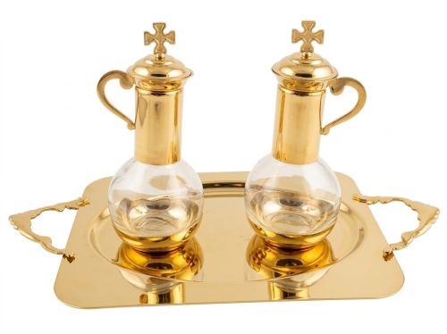 Komplet ampułek szklanych Calandrini 100 ml na mosiężnej tacy złoconej 20,5×13,5 cm z zatyczkami z krzyżem greckim, produkcja włoska