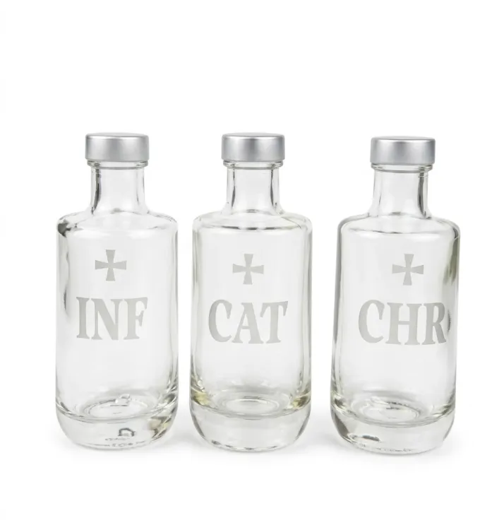 Komplet trzech szklanych butelek 100 ml na oleje święte INF CAT CHR z aluminiowymi nakrętkami