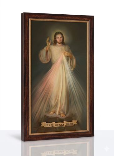 obraz jezusa miłosiernego jezu ufam tobie 35x70 cm rama drewniana brązowa ze złotym paskiem wydruk na desce