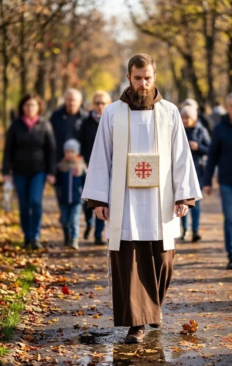 Kapłan franciszkanin z bursą AS438 na piersiach idzie do chorych z Najświętszym Sakramentem, bursa z krzyżem jerozolimskim na komży