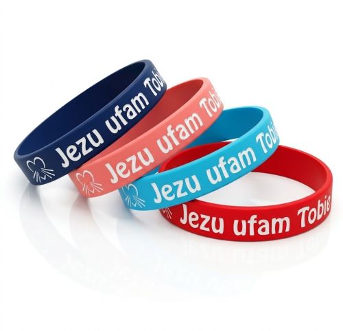 Opaska silikonowa Jezu ufam Tobie — zestaw czterech kolorów: granatowy, różowy, błękitny, czerwony z symbolem Miłosierdzia Bożego