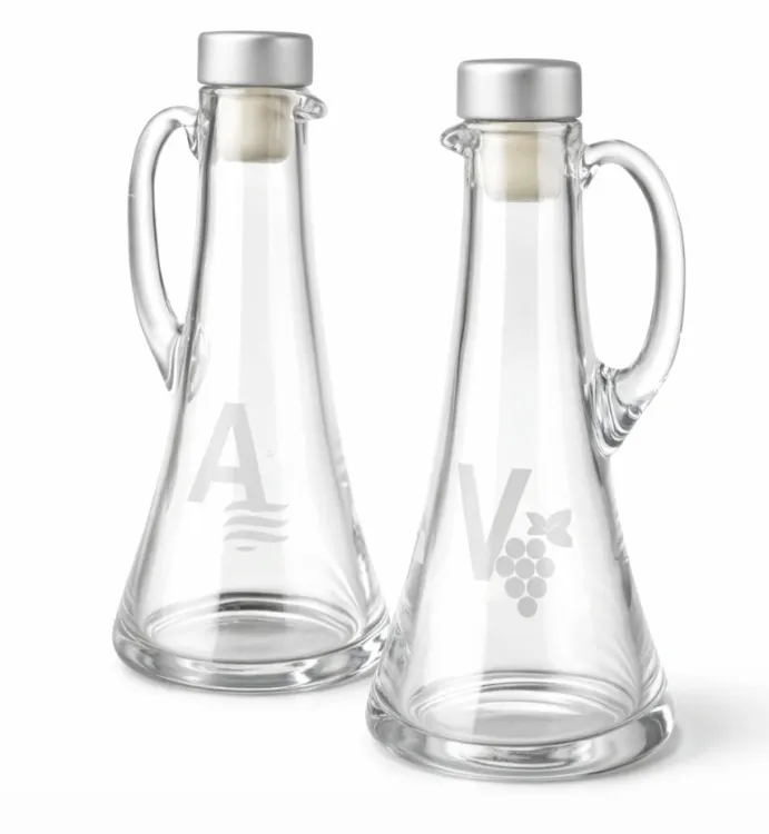 Komplet ampułek liturgicznych z grubego szkła 100 ml — oznaczenia A (woda) i V (wino), korki metalowe srebrne, producent Releif