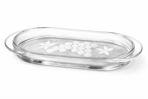 Taca szklana liturgiczna 20,5 × 10 cm z motywem winogron i liści — do ampułek mszalnych i lavabo, grube szkło,