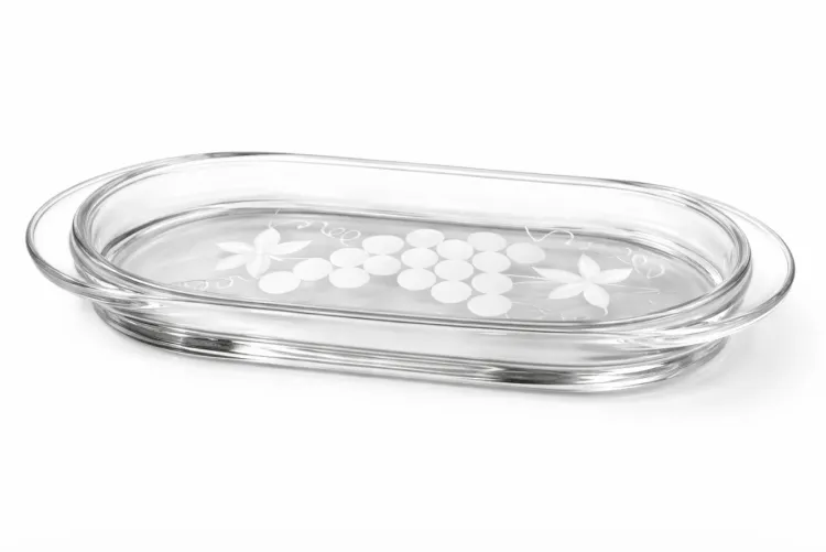 Taca szklana liturgiczna 20,5 × 10 cm z motywem winogron i liści — do ampułek mszalnych i lavabo, grube szkło,