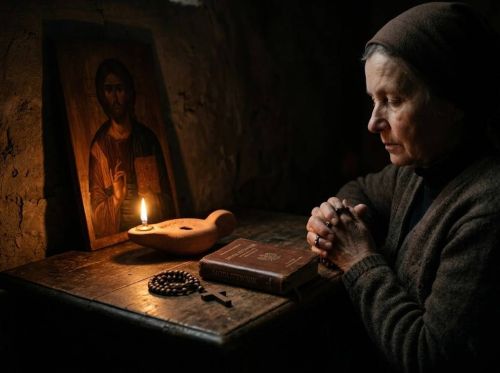 Kaganek olejowy Lucerna podczas wieczornej modlitwy przed ikoną Chrystusa Pantokratora i modlitewnikiem