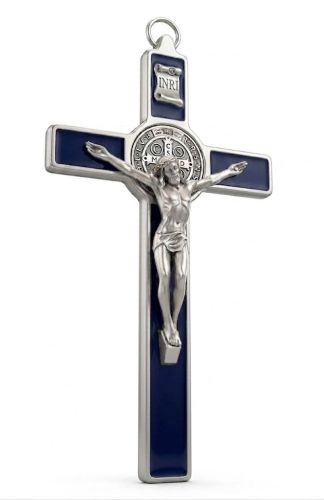 Krzyż św. Benedykta 19,5 cm granatowa emalia srebrny korpus Chrystusa medal benedyktyński włoska produkcja GTB Loreto