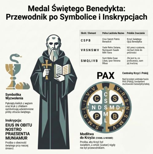 infografika tłumacząca symbolikę krzyża św. Benedykta