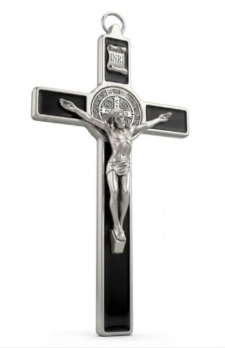 Krzyż św. Benedykta 19,5 cm czarna emalia srebrny korpus Chrystusa medal benedyktyński włoska produkcja GTB Loreto