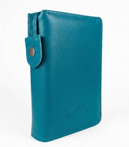 Turkusowa okładka na Pismo Święte 16x22 cm ze skóry ekologicznej, zamek błyskawiczny i zatrzask, wytłoczony symbol ryby ICHTYS na froncie