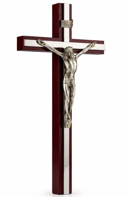 Krzyż wiszący na ścianę z drewna bukowego w kolorze ciemnej wiśni, 26 cm, z metalową figurą Chrystusa