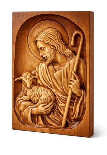 Płaskorzeźba Jezus Dobry Pasterz z drewna lipowego, pracownia Drema, ręcznie rzeźbiona i malowana