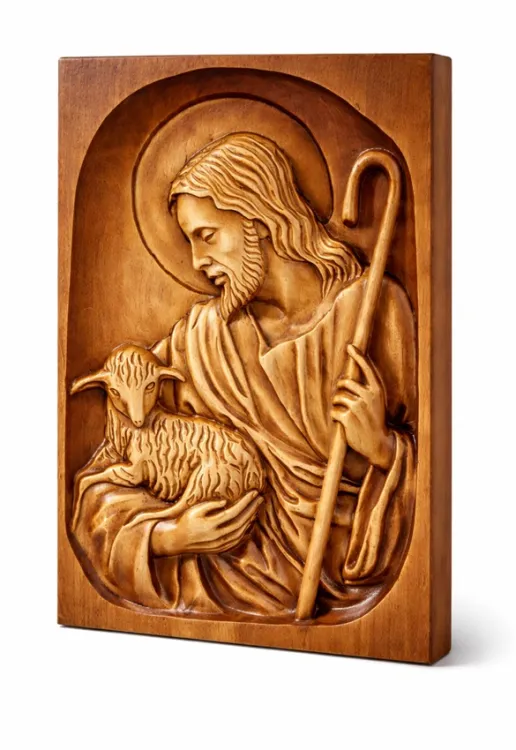 Płaskorzeźba Jezus Dobry Pasterz z drewna lipowego, pracownia Drema, ręcznie rzeźbiona i malowana
