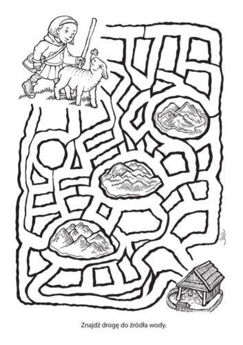Labirynt biblijny dla dzieci - mały pasterz prowadzi owcę do źródła wody, kolorowanka Biblijne zwierzęta