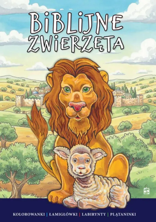 Kolorowanka Biblijne zwierzęta - okładka z lwem i barankiem na tle Jerozolimy, Wydawnictwo św. Stanisława BM