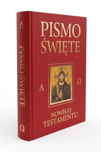 Pismo Święte Nowego Testamentu dużymi literami, czerwona twarda oprawa materiałowa, mozaika Chrystusa Pantokratora