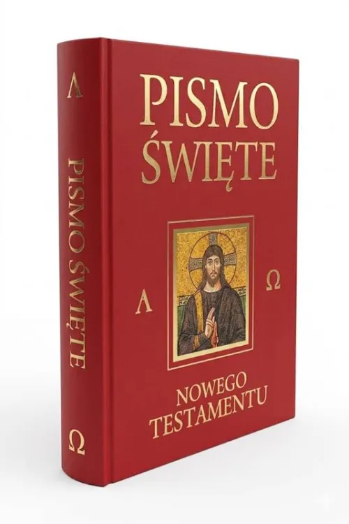 Pismo Święte Nowego Testamentu dużymi literami, czerwona twarda oprawa materiałowa, mozaika Chrystusa Pantokratora