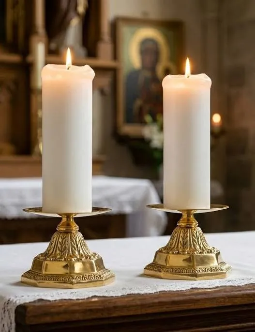 Dwa lichtarze mosiężne P162 na ołtarzu bocznym — aranżacja ze świecami ołtarzowymi, w tle obraz Matki Bożej Częstochowskiej