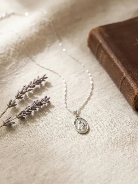 Łańcuszek srebrny singapur 0,35 mm z medalikiem szkaplerznym karmelitańskim na lnianym tle, obok lawenda i modlitewnik w skórzanej oprawie