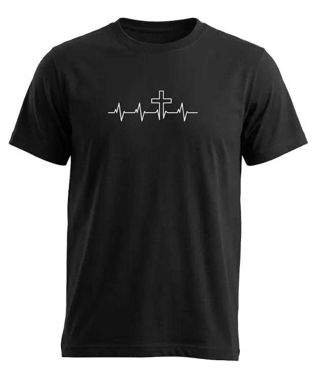 Czarna koszulka chrześcijańska unisex z białym nadrukiem linii EKG zakończonej krzyżem, widoczna od przodu na białym tle — e-religijne.pl