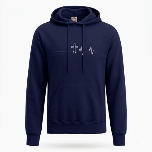 Granatowa bluza z kapturem Fruit of the Loom z białym nadrukiem krzyż i linia życia EKG, widok frontu