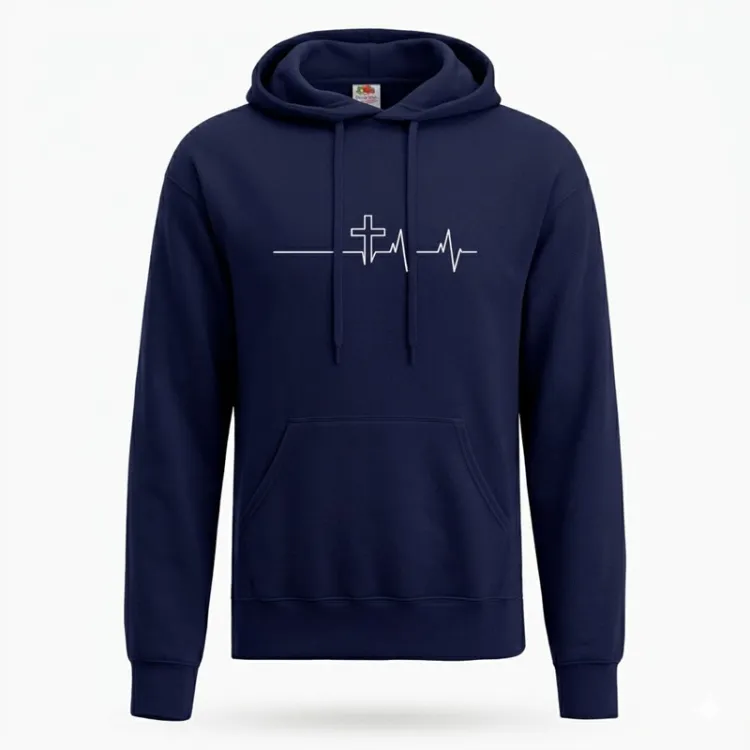 Granatowa bluza z kapturem Fruit of the Loom z białym nadrukiem krzyż i linia życia EKG, widok frontu