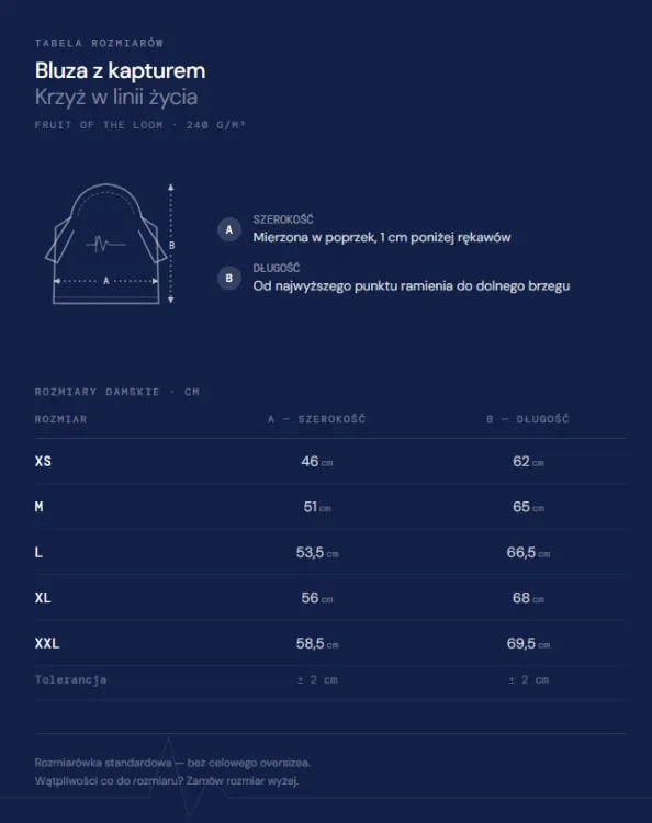 Tabela rozmiarów bluza z kapturem damska — XS M L XL XXL szerokość długość cm