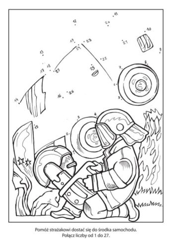 Kolorowanka Św. Florian — łączenie kropek ze strażakiem w ubraniu ochronnym, zadanie dla dzieci, rozwój motoryki