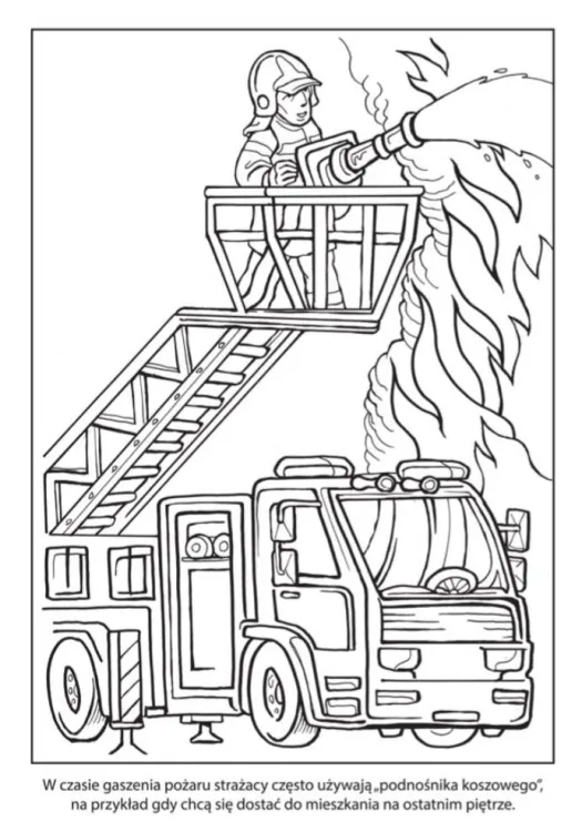 Kolorowanka strażaki dla dzieci — wóz strażacki z podnośnikiem koszowym, obrazek edukacyjny do pokolorowania