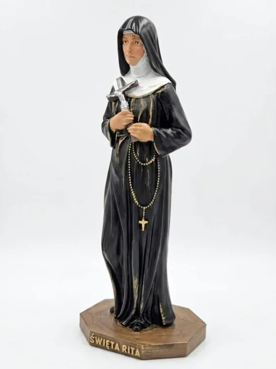 Święta Rita figura 30 cm ręcznie malowana żywica augustianka krzyż różaniec stygmat na czole ikonografia