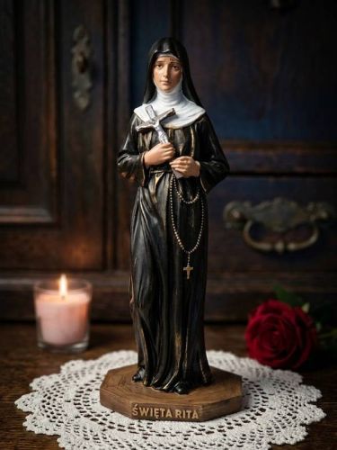 Figura świętej Rity 30 cm ręcznie malowana przy zapalonej świecy domowy ołtarzyk patronka spraw trudnych
