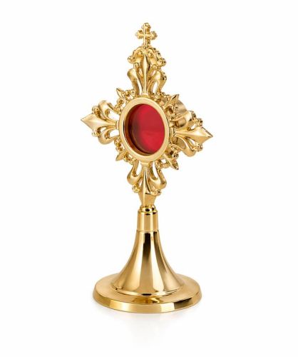 Relikwiarz mosiężny złocony Sandner wysokość 17 cm, kapsuła ∅3,5 cm, waga 175 g — ujęcie boczne z widocznym profilem stopki.