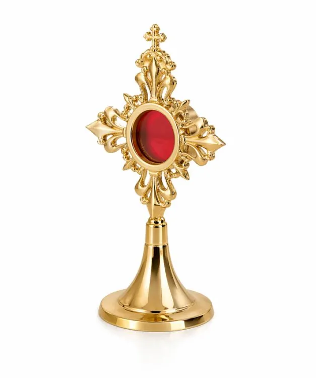 Relikwiarz mosiężny złocony Sandner wysokość 17 cm, kapsuła ∅3,5 cm, waga 175 g — ujęcie boczne z widocznym profilem stopki.