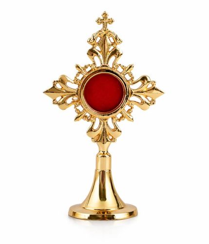 Relikwiarz mosiężny złocony Sandner 17 cm — widok frontalny kapsuły ∅3,5 cm z czerwonym tłem i krzyżykiem w zwieńczeniu.