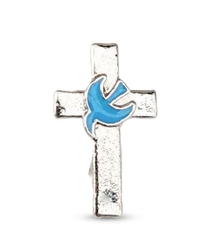 Metalowy znaczek przypinka w kształcie srebrnego krzyżyka z niebieską emalią gołębicy Ducha Świętego, rozmiar 1×1,6 cm