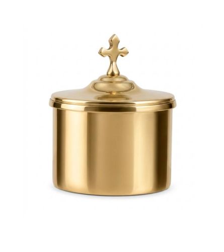 Hostiarka mosiężna złocona z krzyżem koniczynowym, średnica 9 cm, wysokość 11 cm — naczynie liturgiczne