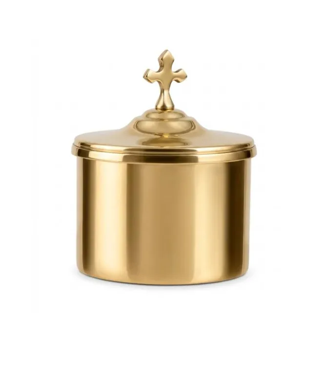 Hostiarka mosiężna złocona z krzyżem koniczynowym, średnica 9 cm, wysokość 11 cm — naczynie liturgiczne