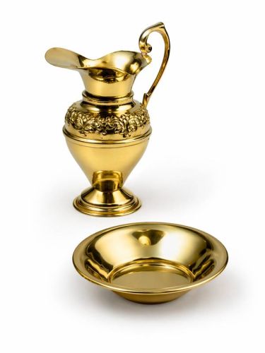 Zestaw lavabo mosiężny polerowany — dzbanek 16 cm z uchem i misa 12,5 cm, naczynia do obmycia rąk kapłana