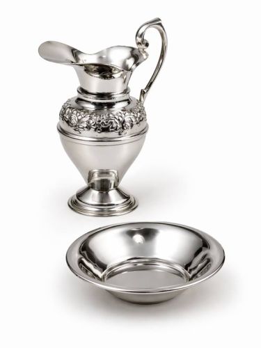 Zestaw lavabo niklowany polerowany — dzbanek 16 cm z uchem i misa 12,5 cm, naczynia do obmycia rąk