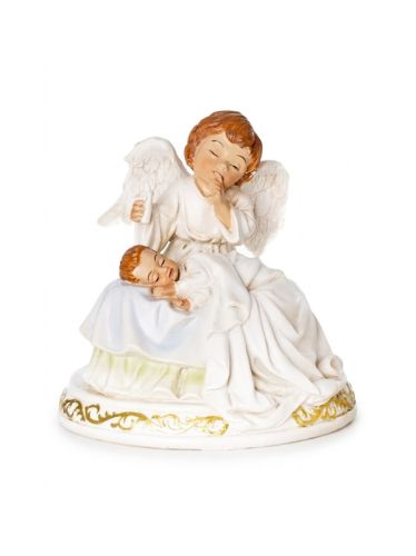 Figurka Anioła Stróża 10 cm żywica z wypełniaczem mineralnym biała szata złote zdobienia podstawa prezent na chrzest