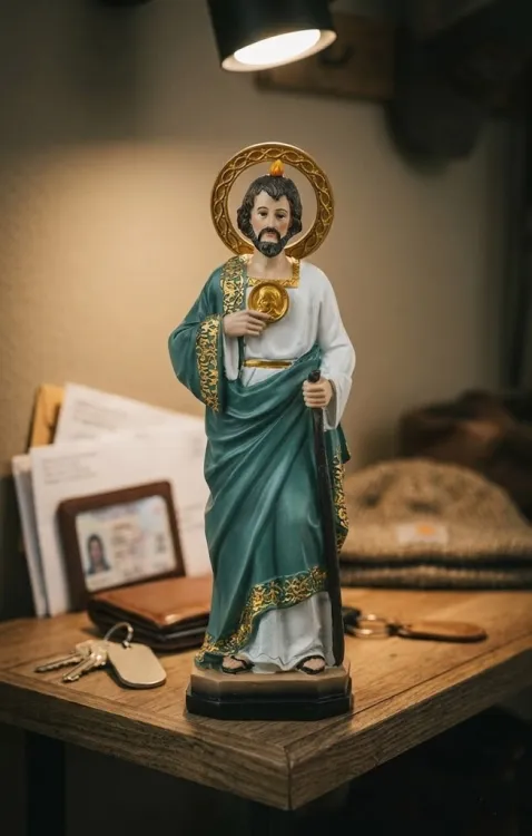 figurka świętego judy tadeusza ustawiona na drewnianym biurku przy lampie dewocjonalia domowa kapliczka